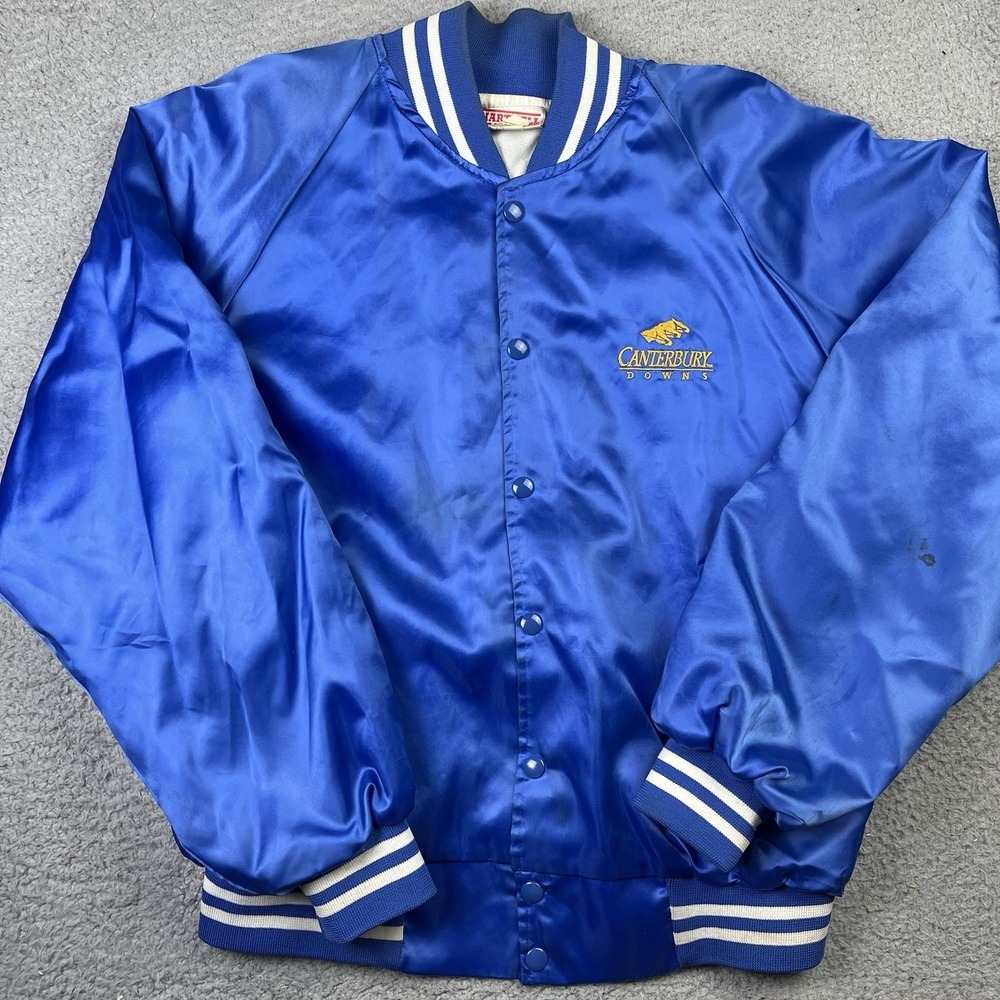 Vintage Canterbury Downs Horse Racing Jacket Nylon Blue Snap Button Coat Large